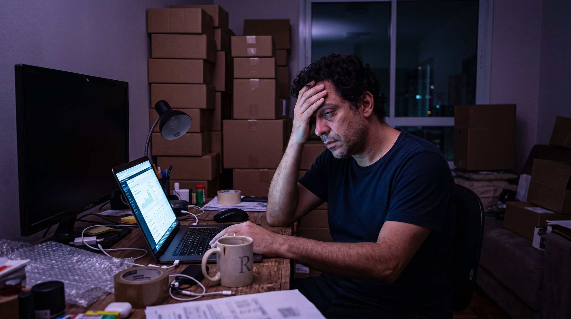 Dono de e-commerce sozinho de madrugada, exausto diante do notebook