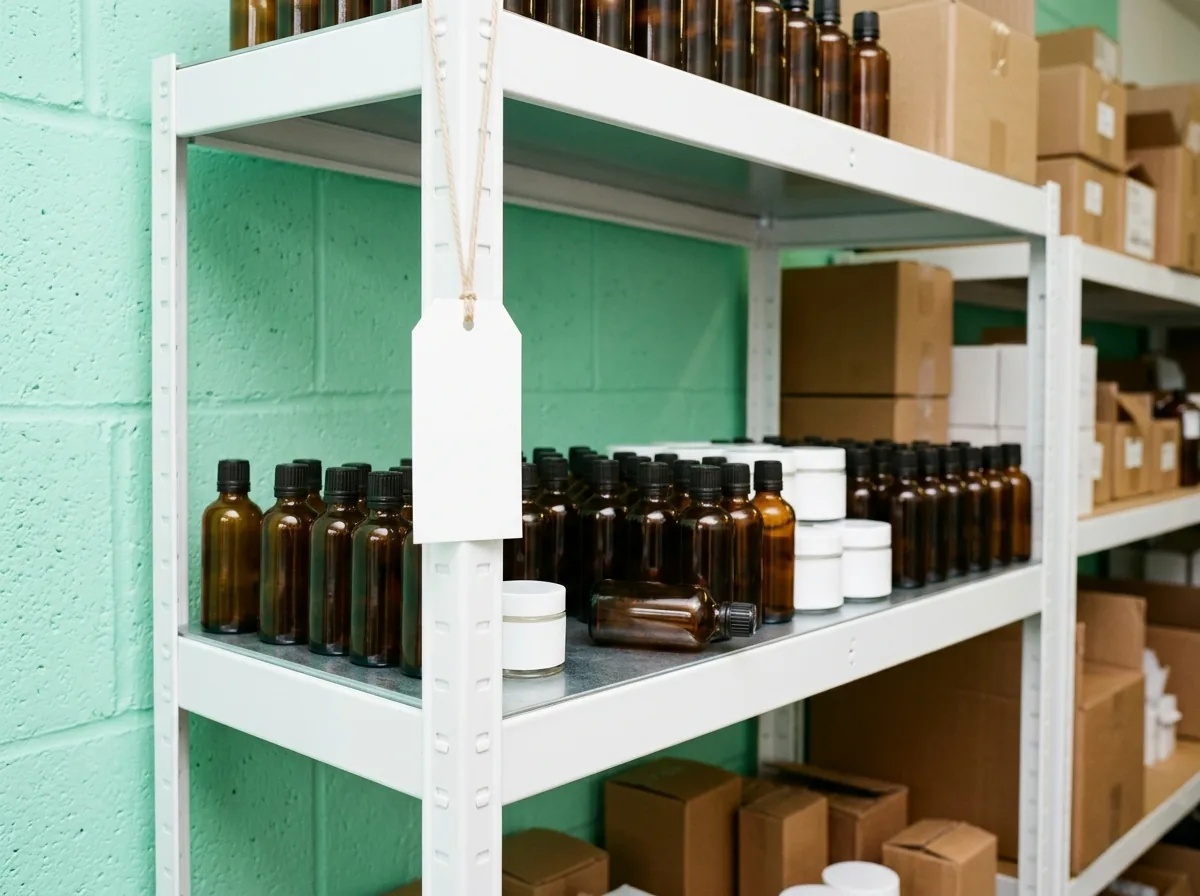 Prateleira do estoque de cosméticos com frascos alinhados, uma etiqueta em branco e um frasco fora do lugar