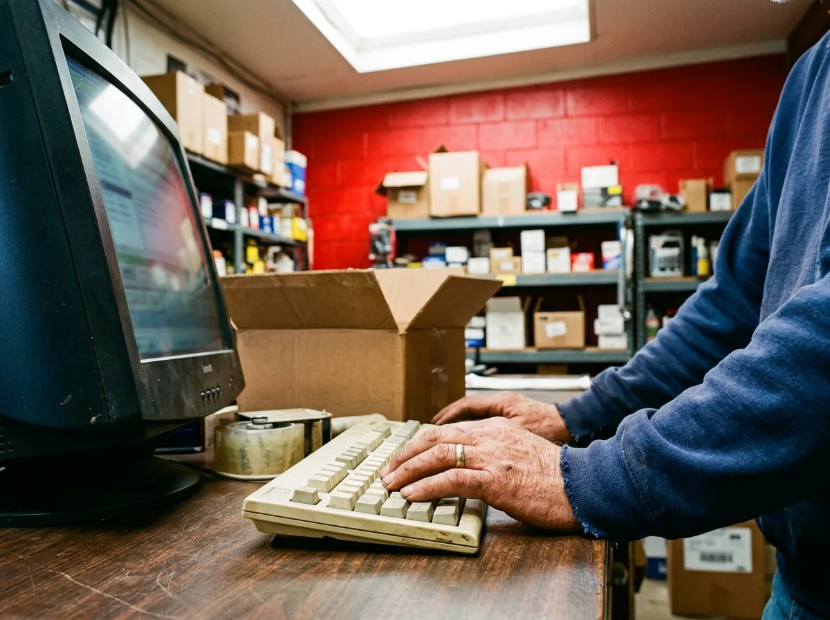 Mãos do dono da autopeças no teclado do balcão, com a caixa de pedido meio fechada ao lado