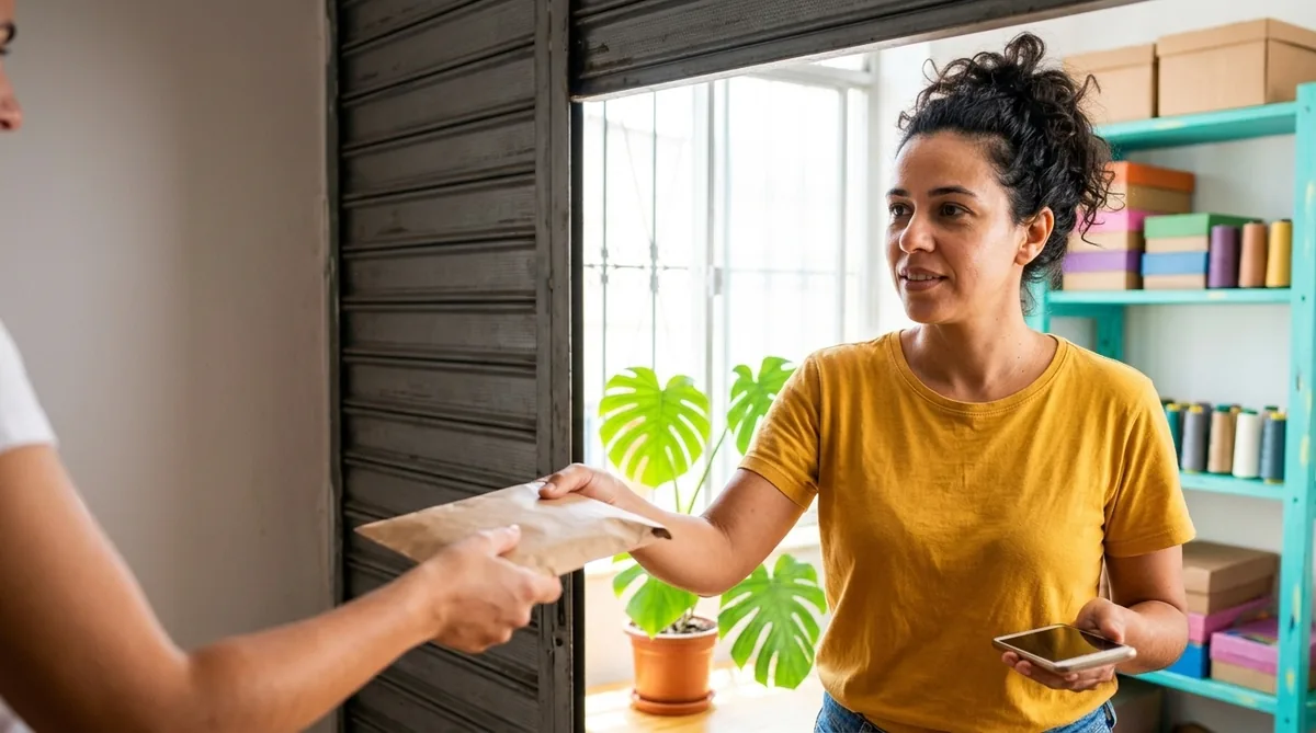 Dona de loja entregando um pacote pela porta de enrolar, com o celular na outra mão