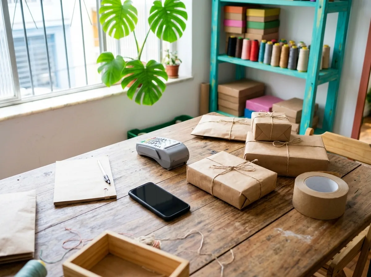 Mesa de madeira com celular, maquininha de cartão, bloco de pedidos, fita e pacotes de papel kraft